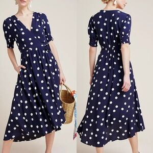 Anthropologie Maeve Navy and White Polka Dot Midi Dress size 0